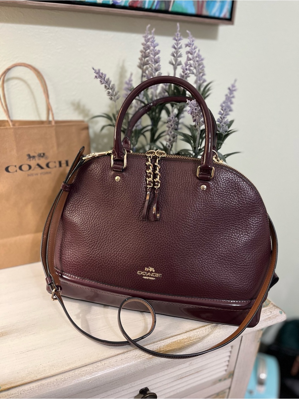 Coach Sierra Satchel Pebbled and Patent Leather in Oxblood Excellent Condition